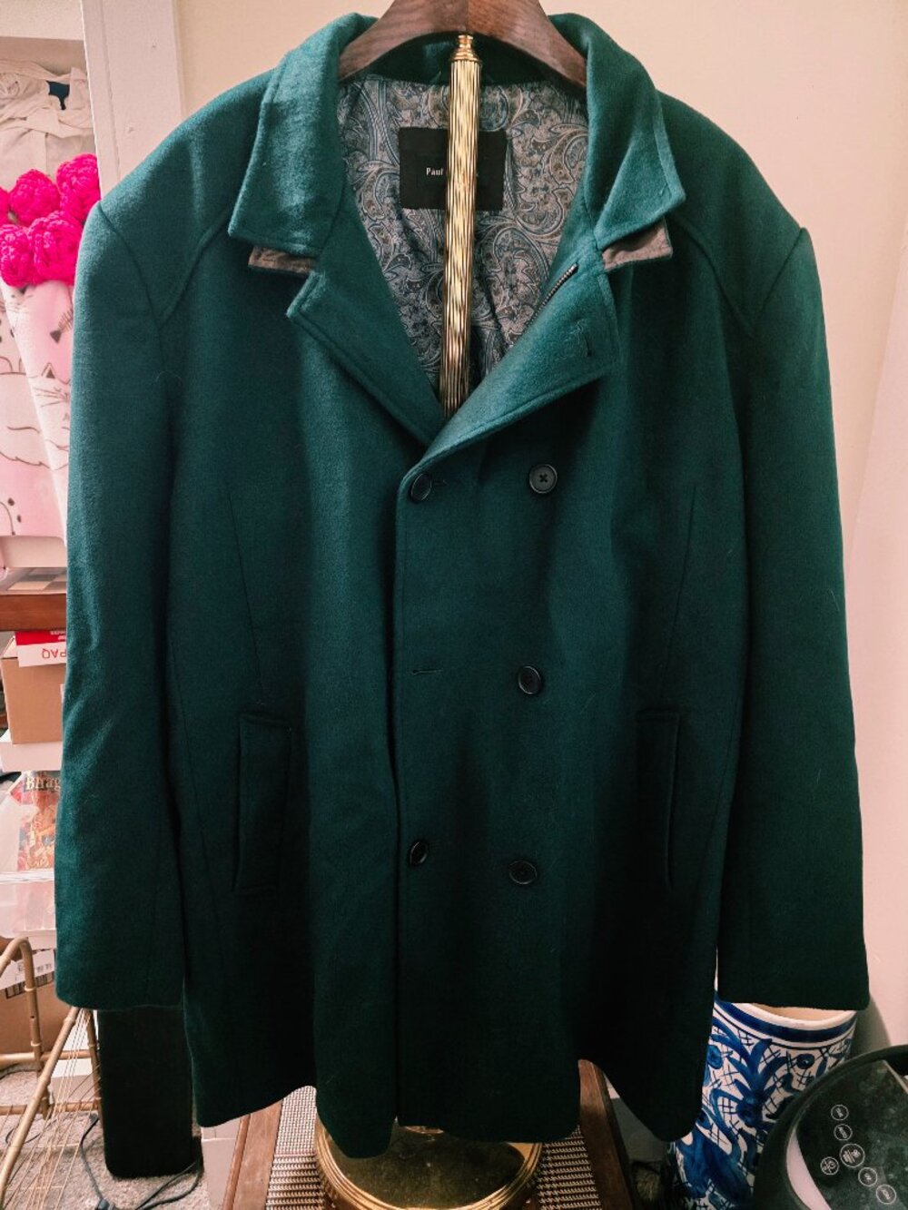 Paul Fredrick 4XL Green 100% Wool Double Breasted Top Coat Overcoat Paisley Line